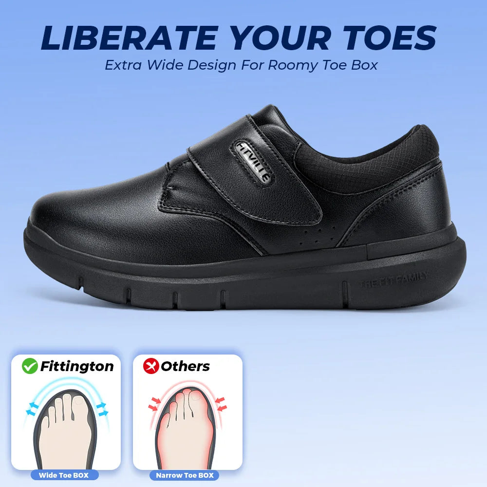 FitVille Extra Wide Men's Shoes Leather Diabetic Shoes Walking for Elder Orthopedic Toes Swollen Feet Non-Slip Arch Support