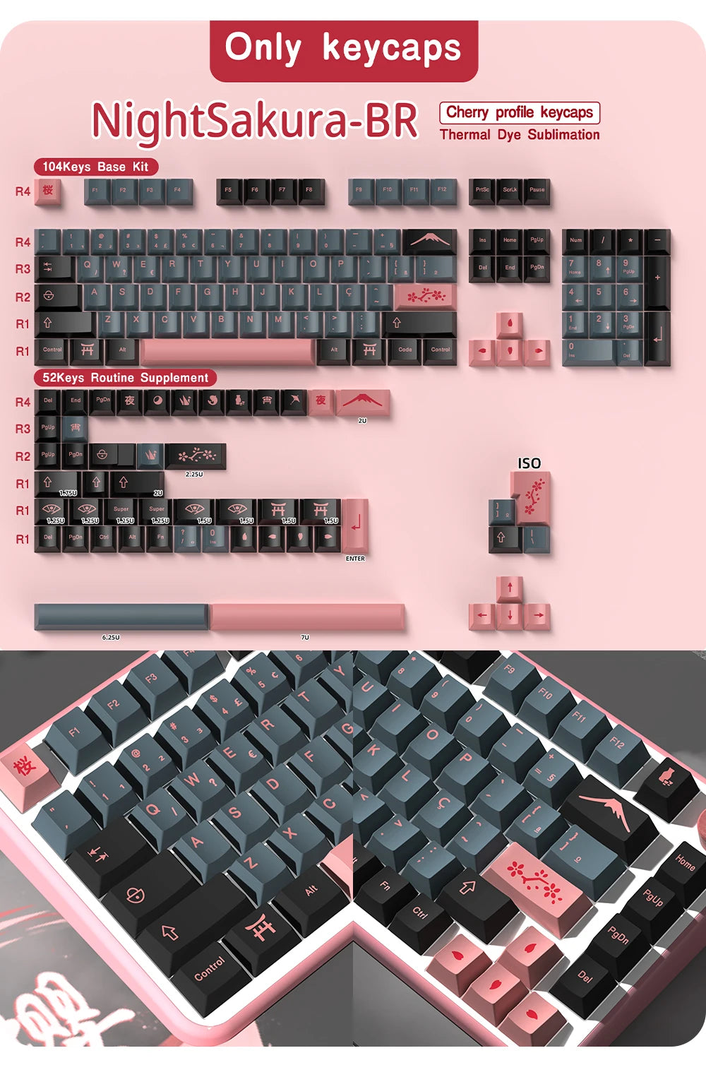 GMK Night Sakura Keycap 139/156 Keys DYE SUB Cherry Profile PBT Japanese/Korean/Russian/Abnt2/DE/ES/FR For Mechanical Keyboard