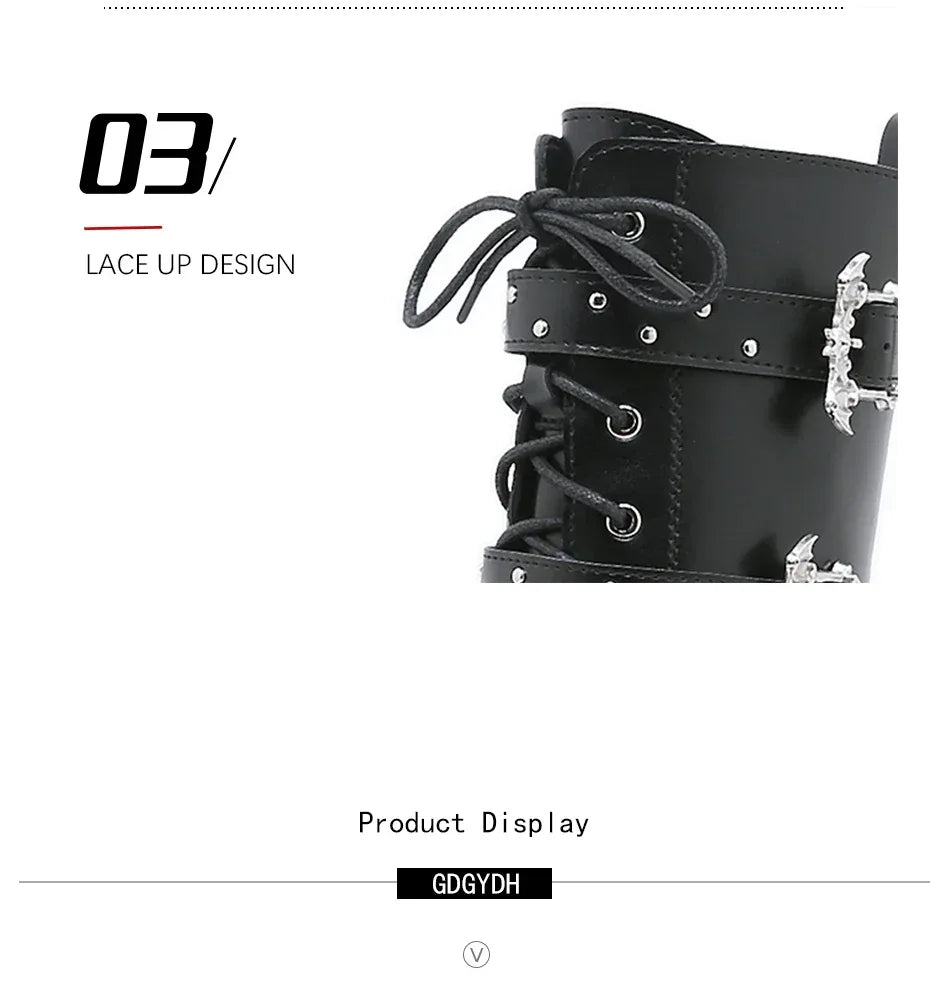Gdgydh Lace up Chunky Heel Mid Calf Booties for Women Block High Heel Platform Combat Boots Gothic Metal Bat Gothic Shoes