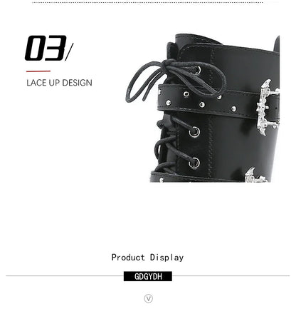 Gdgydh Lace up Chunky Heel Mid Calf Booties for Women Block High Heel Platform Combat Boots Gothic Metal Bat Gothic Shoes
