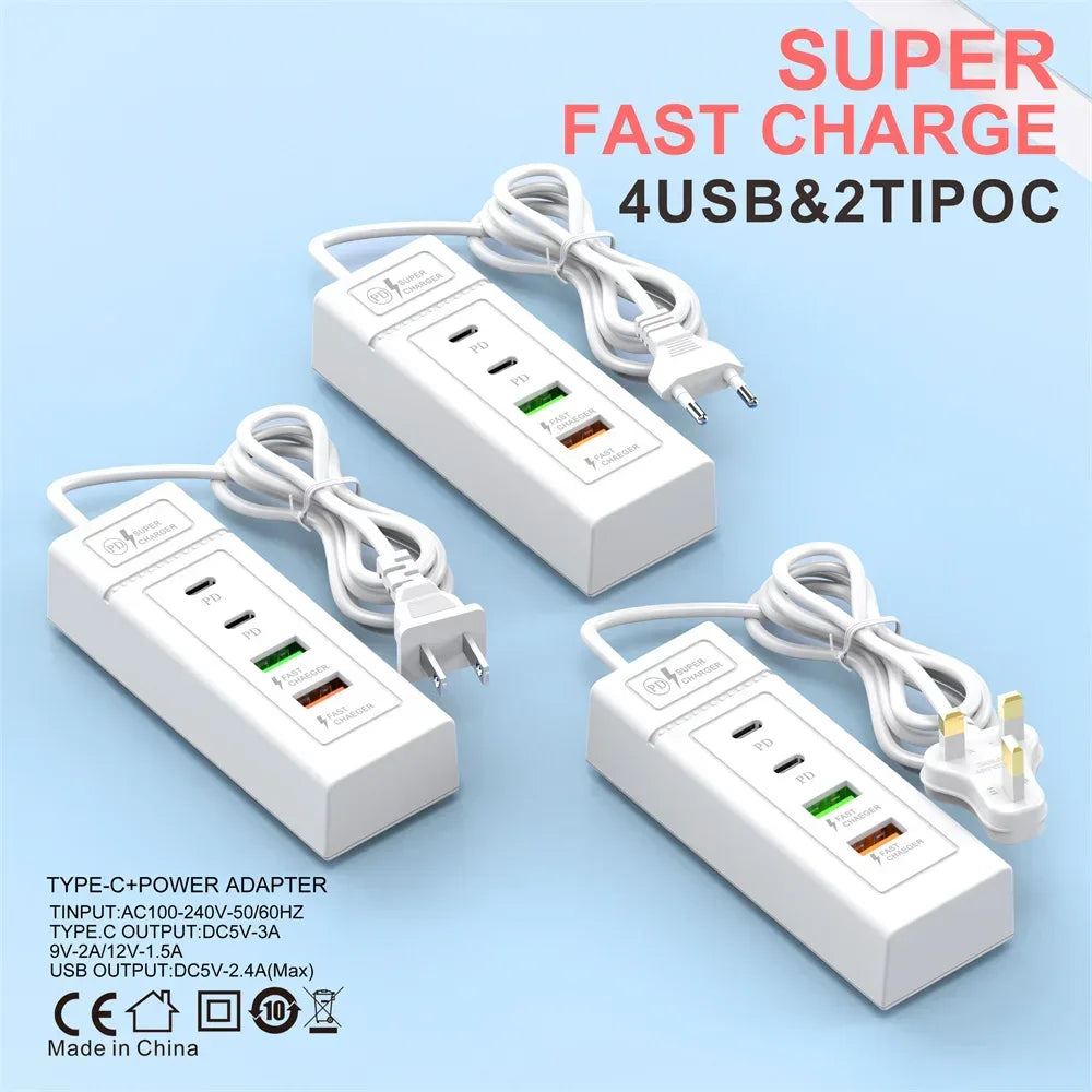 USB C Charger Power Strip Multi Ports Fast Charging EU/US/UK Plug Power Adapter Quick Charge 3.0 PD Type C Wall Charger Socket