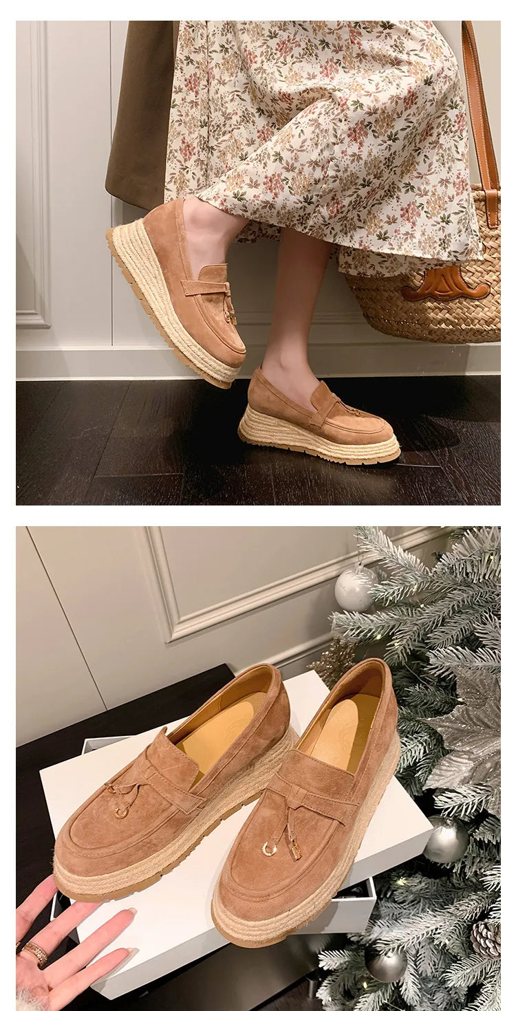 MKKHOU Fashion Loafers New High Quality Real Leather Suede Vintage Straw Braid Platform Shoes Daily Casual Light Shoes Neutral