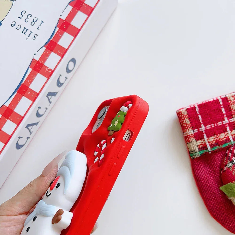 Cute 3D Cartoon Christmas Snow Man Telescopic Bracket Case For iPhone 16 15 14 13 12 Pro Max Soft Silicone Stand Holder Cover
