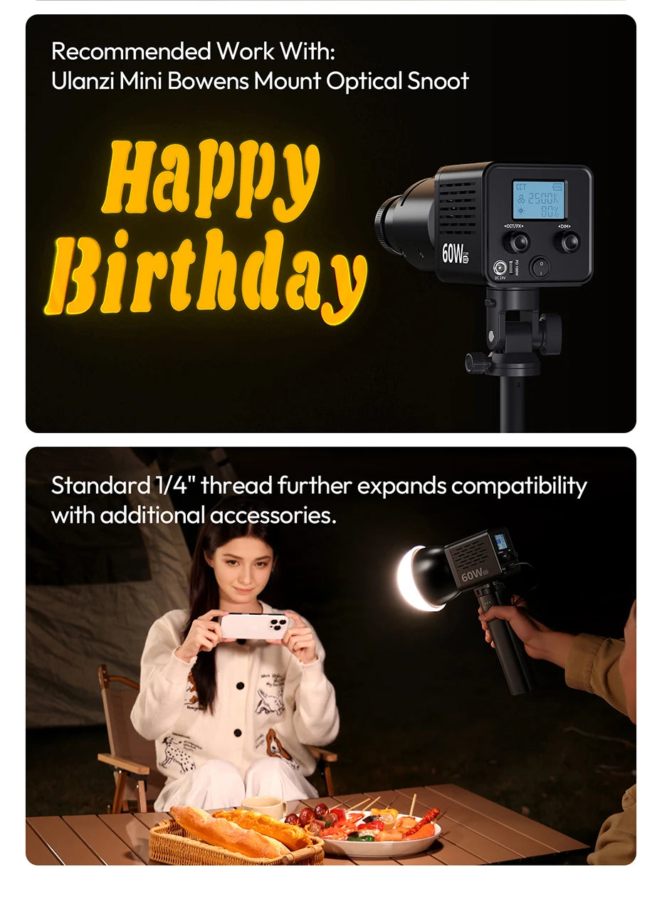 Ulanzi C60 60W COB Video Light Bi-Color Led Light 2500-6500K 3300mAh Mini Bowens Mount for Photography Studio Lighting Live Vlog