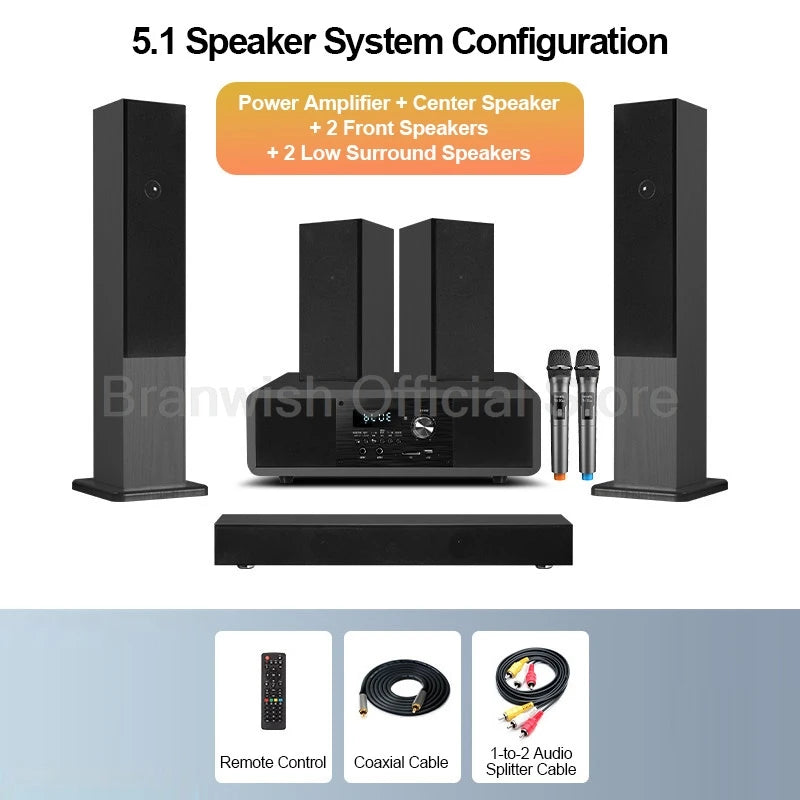 5.1 Channel Home Theater System 200W Peak Power Subwoofer Bluetooth 5.0 Wireless Microphone Wall Mount Speakers For Home KTV