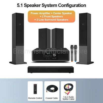 5.1 Channel Home Theater System 200W Peak Power Subwoofer Bluetooth 5.0 Wireless Microphone Wall Mount Speakers For Home KTV