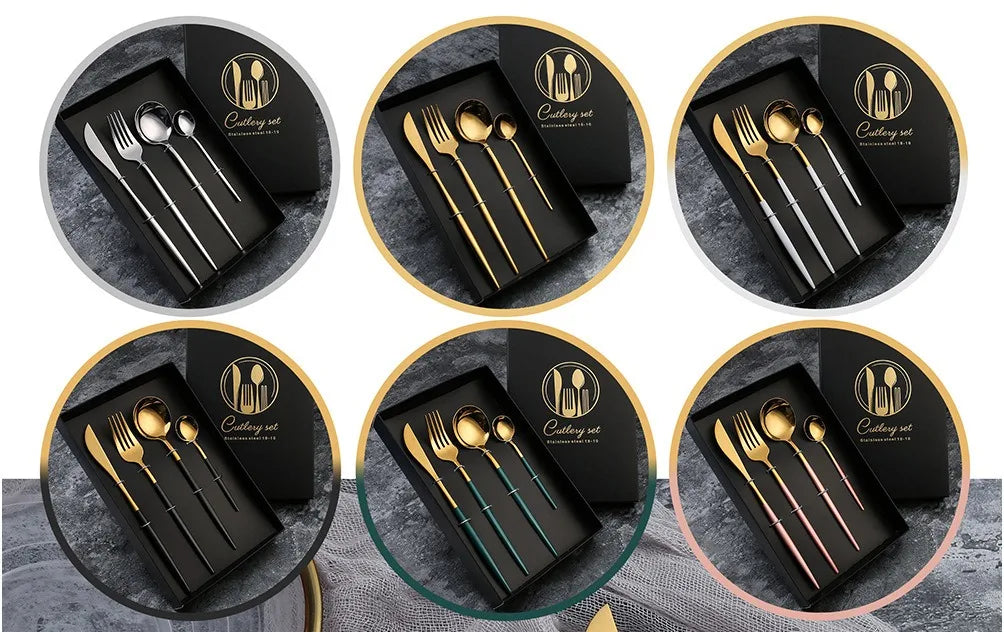 2PC/4PC Cutlery Set Stainless Steel Glossy Titanium Black Gold Cutlery Knife Fork Spoon Tea Spoon Set Kitchen Accessories