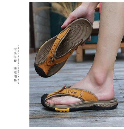 Genuine Cow Leather Shoes Men Sandals Mens Flip Flops Men's Casual Shoes Classic Massage Beach Slippers Anti-slip Summer 2025