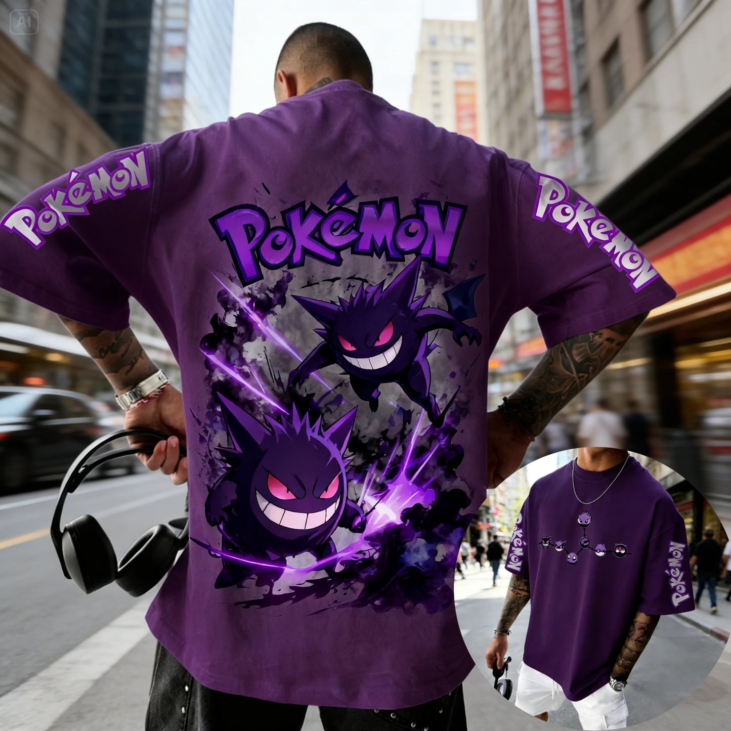 Men's T Shirt Sports T Shirt Short Sleeve T Shirt Purple Gengar Back Print Red Eyes Sharp Teeth with Smoke Sleeve Patterns