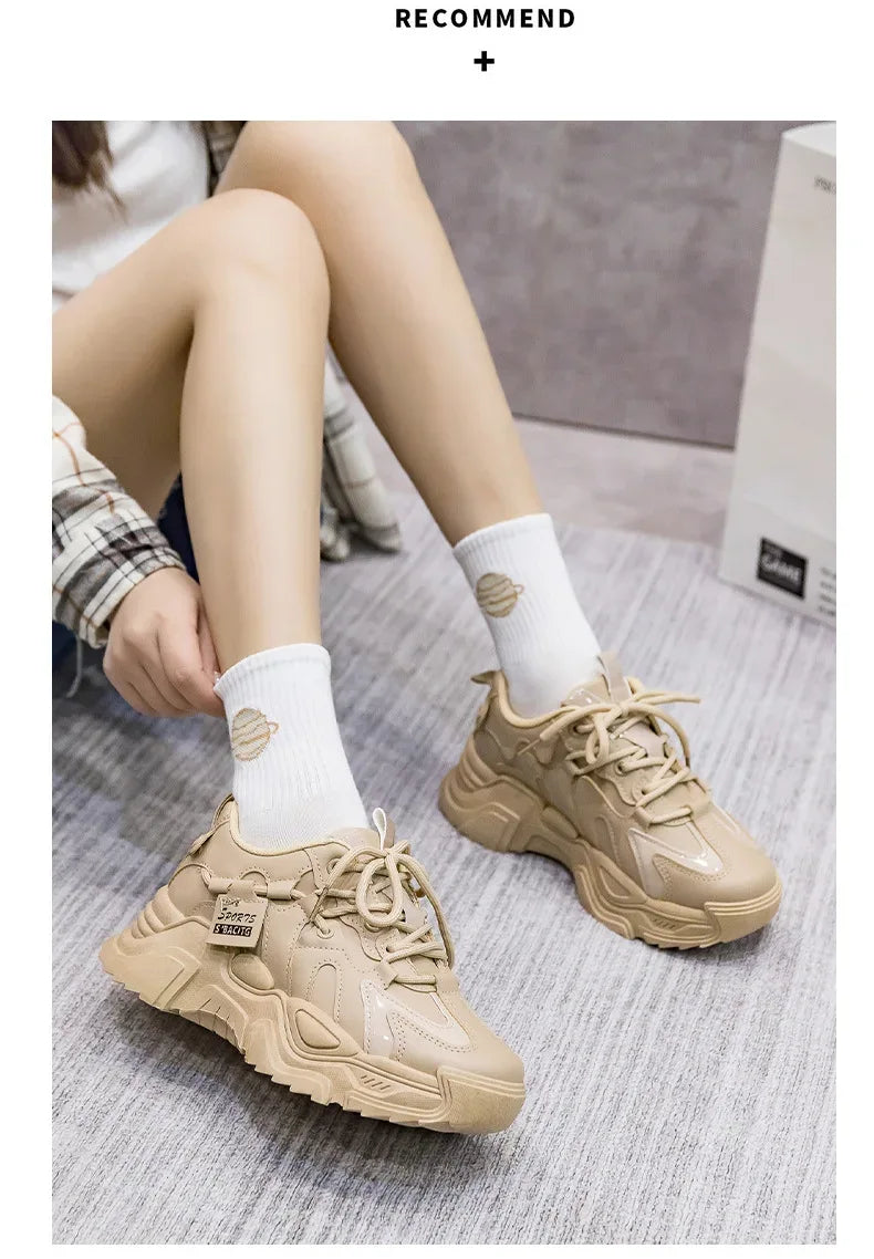 Women's Shoes Platform Autumn Leather 2025 New Versatile Black Casual Sneaker Solid Color Lace-up Vulcanize Shoes Tenis Feminino