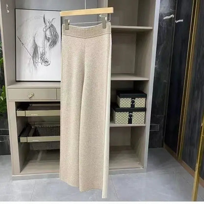 Women Drawstring Wide Leg Warm Thick Knit Pants Fall Winter Loose Casual Straight  Korean Harajuku High Waist Trousers R94
