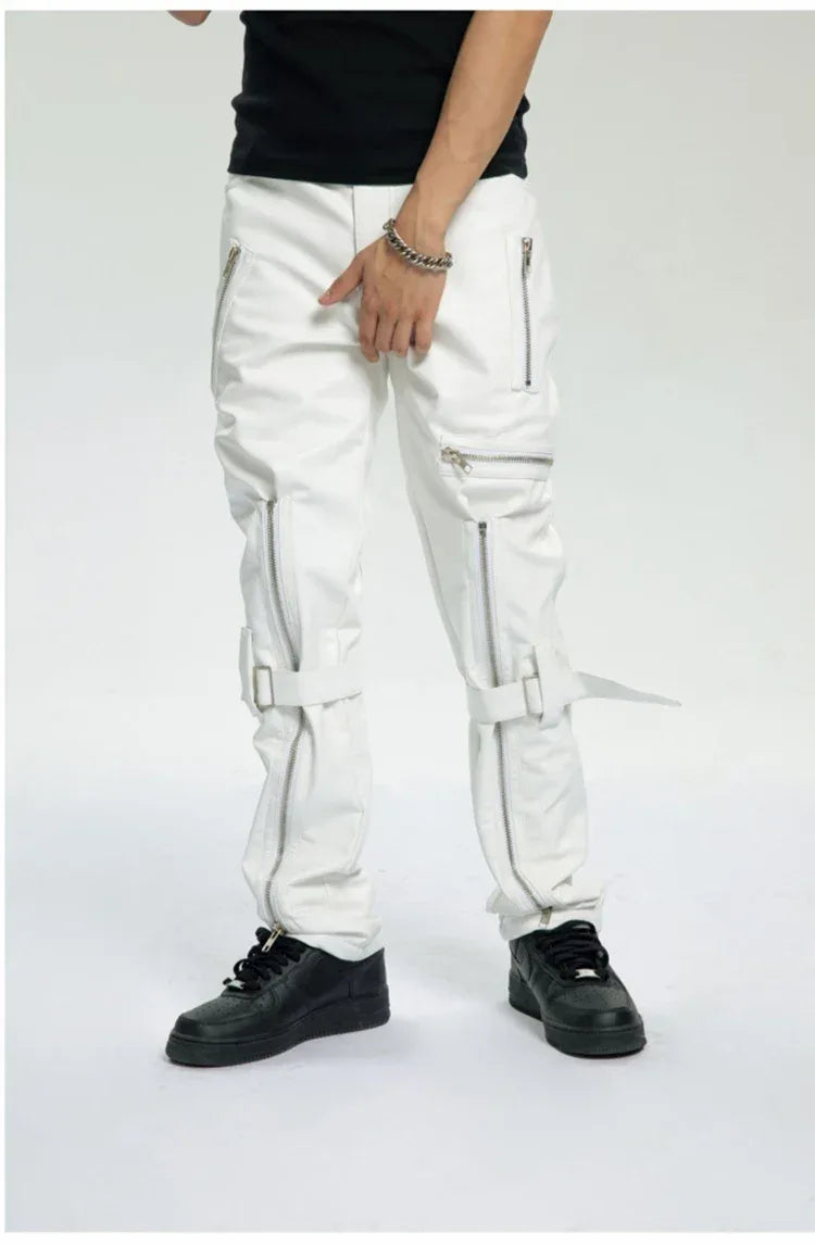 Mauroicardi Spring Autumn Cool Black Pu Leather Pants Men with Many Zippers Belt Luxury Designer Clothing Trousers Fashions 2023