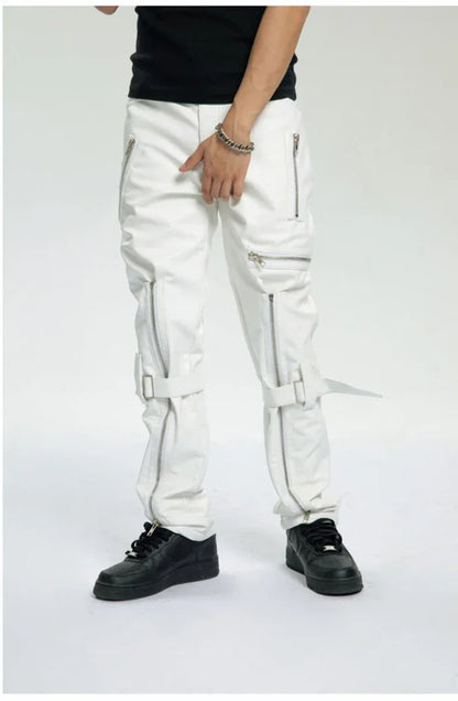 Mauroicardi Spring Autumn Cool Black Pu Leather Pants Men with Many Zippers Belt Luxury Designer Clothing Trousers Fashions 2023