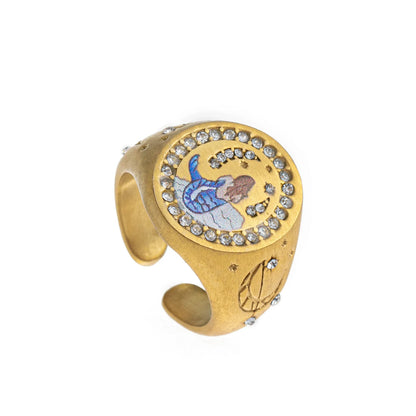 Stainless steel fashionable and popular Valentine's Day lion mermaid love painted ring with gold plating and color preservation