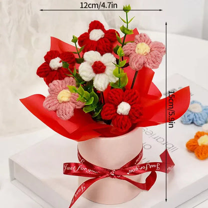 DTCTK Knitted Flower Bouquet Crochet Rose Flowers Hugging Bucket Christmas Gifts Living Room Desk Decoration Valentine's Day Gif