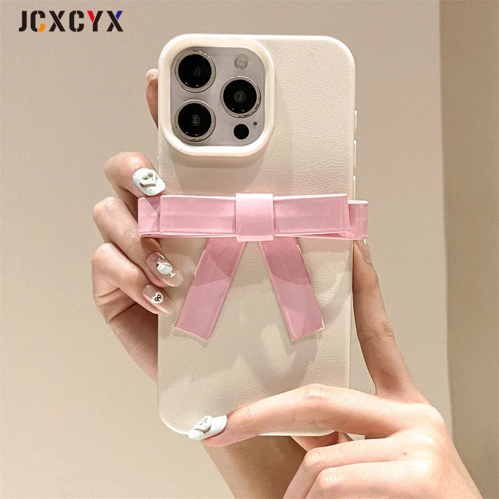 Korean Cute 3D Bowknot Lychee Leather Pattern TPU Phone Case For iphone 16 15 14 13 12 11 Pro Max 14 15 16 Plus Kawaii Cover