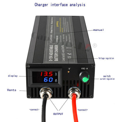 Portable 12V100A Lifepo4 Battery Charger 40A 50A Lithium Battery Charger 60A 85A with Adjustable Voltage and Current Anderson