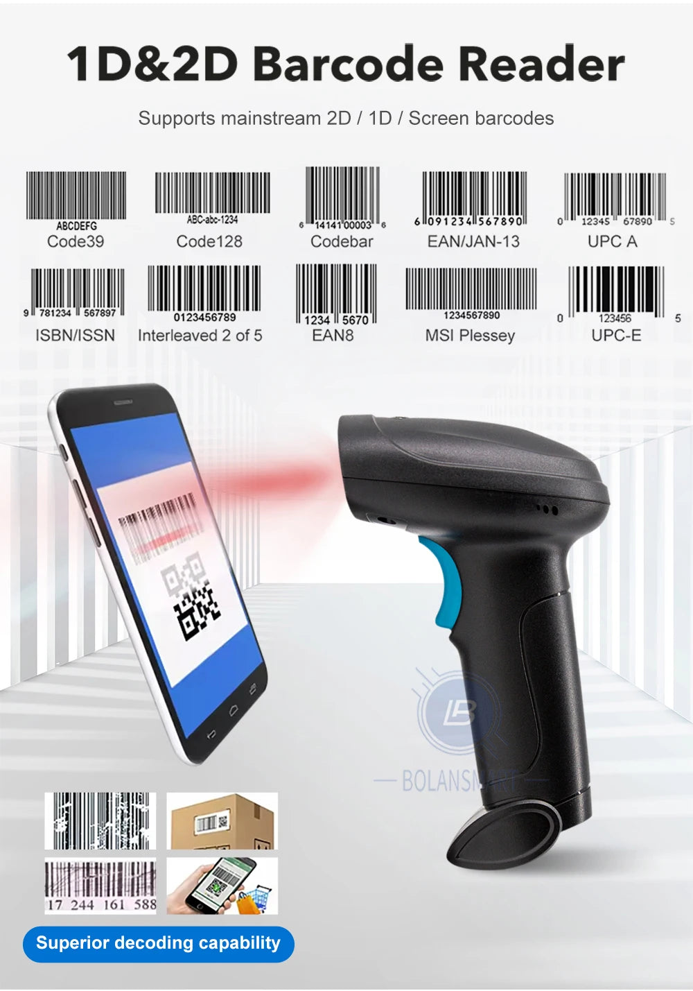 1D 2D Barcode Scanner Wired Wireless Bluetooth Bar Code Reader Omni-directional Scanning For Supermarket Logistics Product