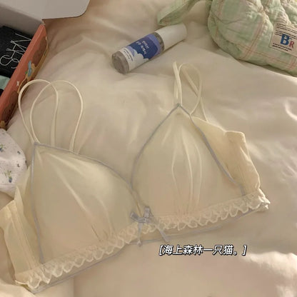 Wirefree Push Up Bra Set for Small Bust | French Ruffle Trim Silk Feel Thin Cups, Sweet Sexy Bralette | Hot MOYISU Sexy Panty AB