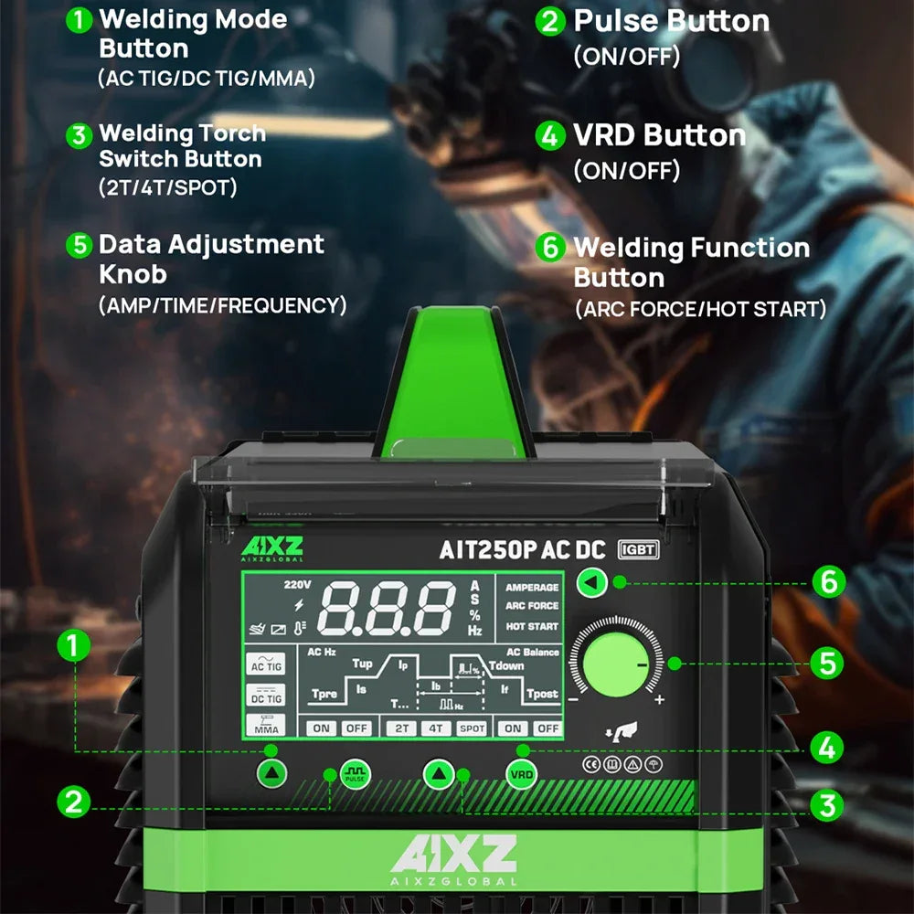 AIXZ 250A 5 in 1 HF TIG Welder AC/DC Aluminum Welding MMA/ARC/Argon Digital Pulse 2T/4T IGBT Inverter Stainless Welding Machine