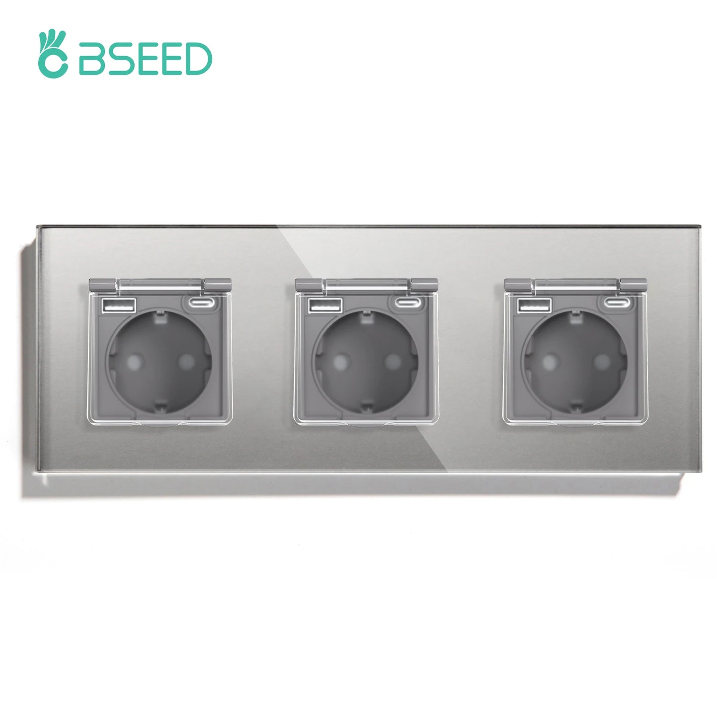BSEED EU Standard Single Power Socket With Waterproof Cover Double USB Type-C Outlets Triple Plugs 16A Glass Panel 110-250V