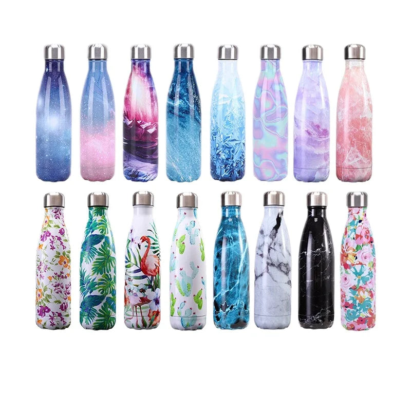 500ml Cola Shape Insulated Bottle, 304 Stainless Steel Vacuum Flask, Marble/Print Portable Water Bottle