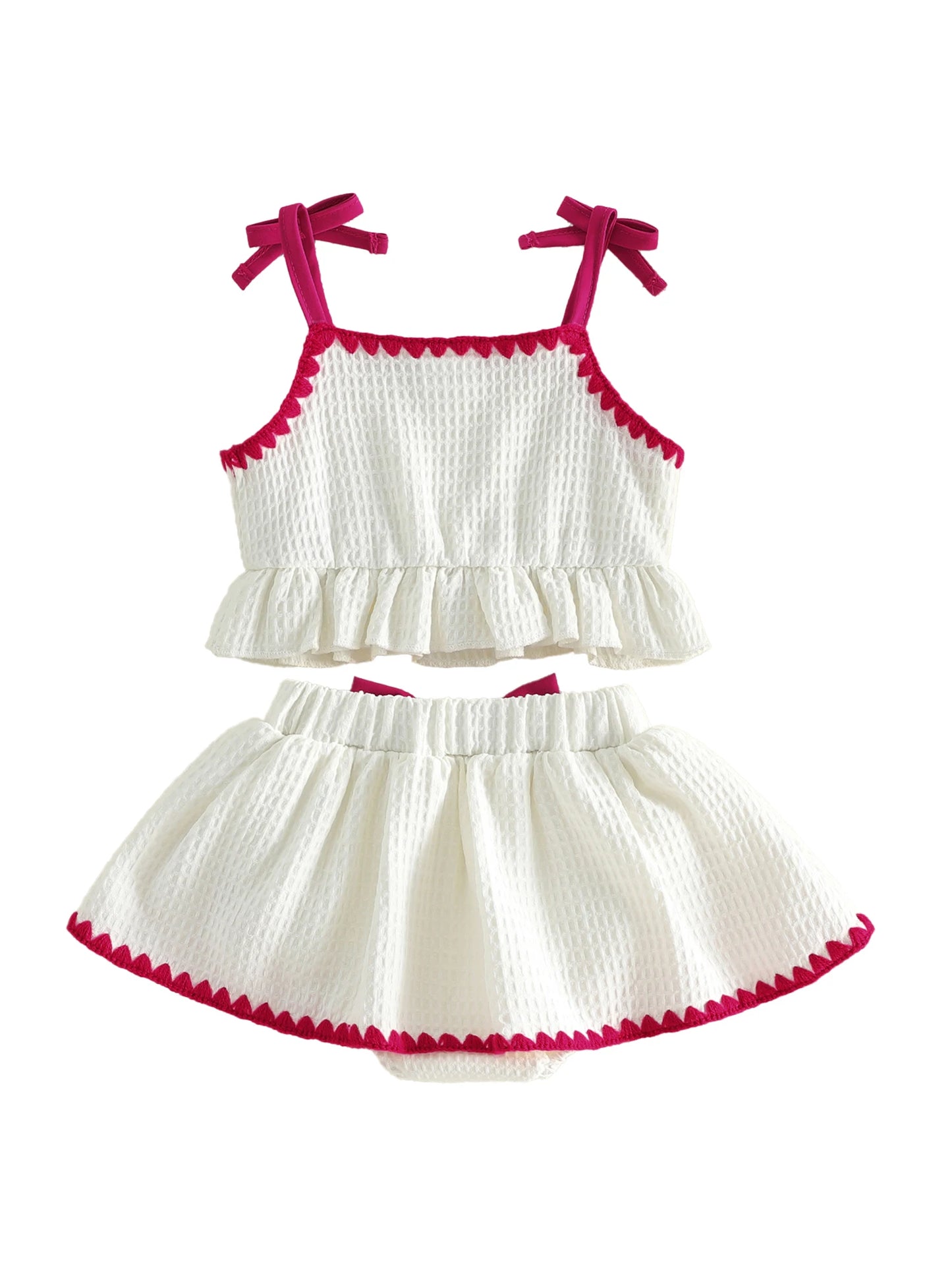 Sweet Baby Girl Summer Outfit Contrast Trim Ruffled Hem Cami Tops Cherry Applique Bow Skorts 2 Piece Girls Set