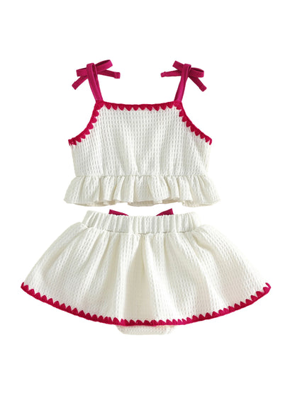 Sweet Baby Girl Summer Outfit Contrast Trim Ruffled Hem Cami Tops Cherry Applique Bow Skorts 2 Piece Girls Set