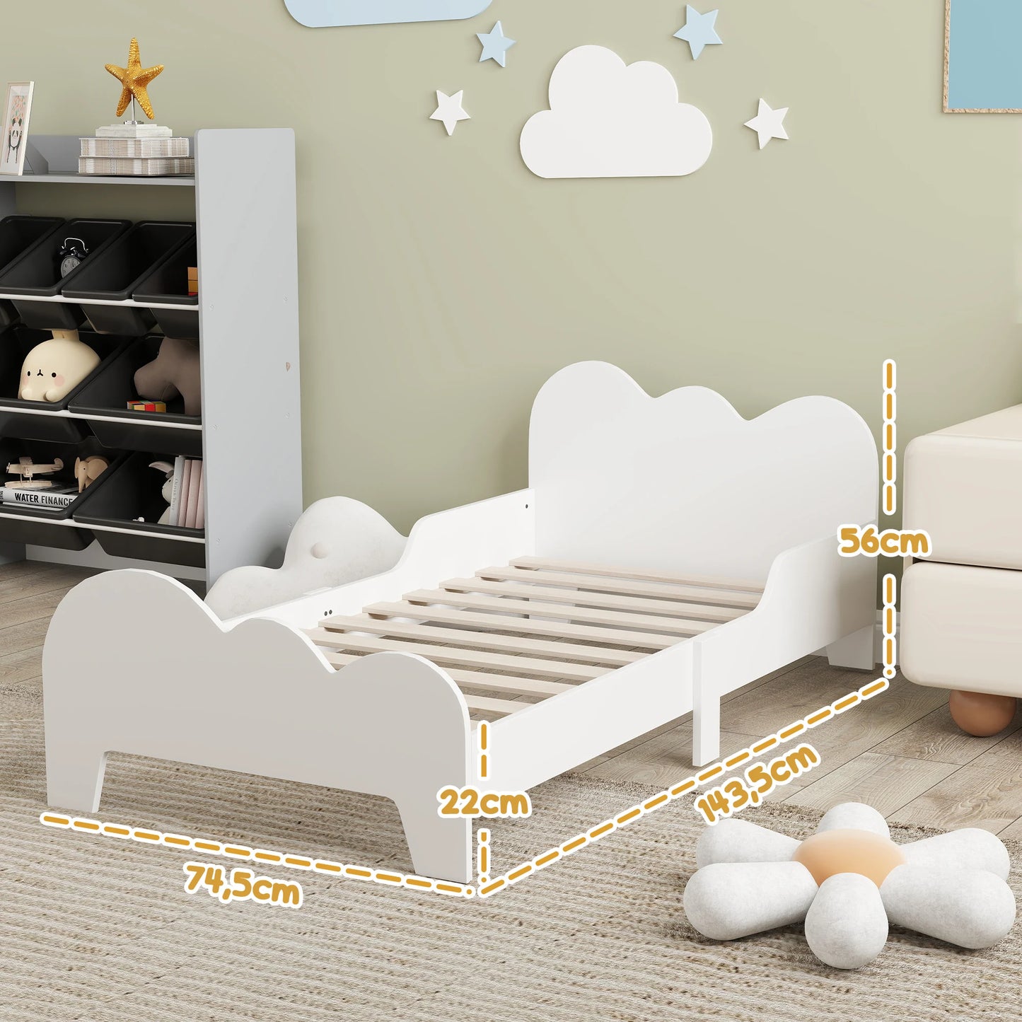 Aiyaplay Bed for Children +3 Years Old 140X70 cm Children's Bed Frame Cloud Theme with Guardrail for Bedroom White