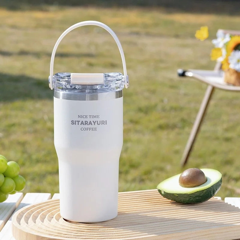 JUSTINLAU 600/900ml Insulated Cups Stainless Steel Double-drinking Thermos Cup with Handle& Straw Sports Bottle Car Ice Tumbler