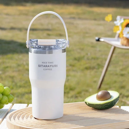 JUSTINLAU 600/900ml Insulated Cups Stainless Steel Double-drinking Thermos Cup with Handle& Straw Sports Bottle Car Ice Tumbler