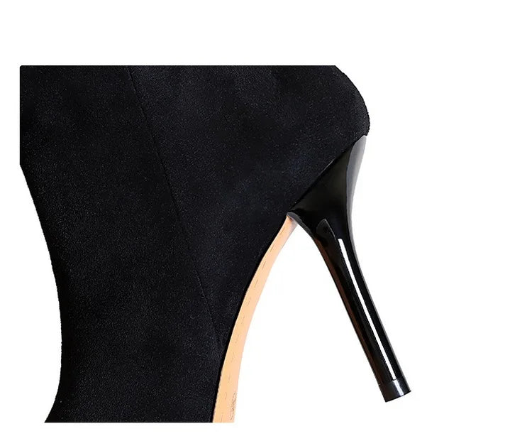 BIGTREE Shoes Suede Ankle Boots For Women Heels Winter Boots Pointed Stilettos High-heeled Boots Side Zipper Black Short Boots