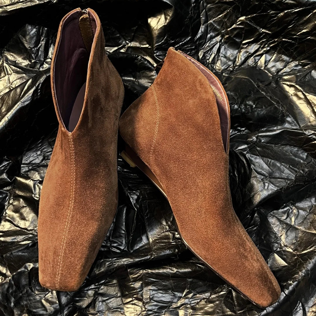 Women's natural suede leather pointed toe back zip kitten heel autumn ankle boots elegant ladies short booties shoes for woman