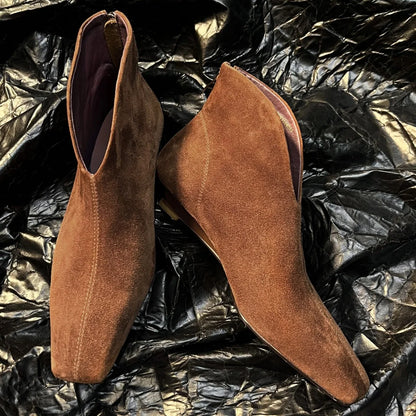 Women's natural suede leather pointed toe back zip kitten heel autumn ankle boots elegant ladies short booties shoes for woman