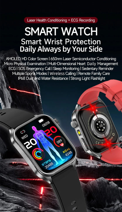 LIGE New Accurate ECG+PPG Smart Watch Laser Therapy Blood Lipid Uric Acid BP Heart Health Analysis BT Call Smartwatch Men Women