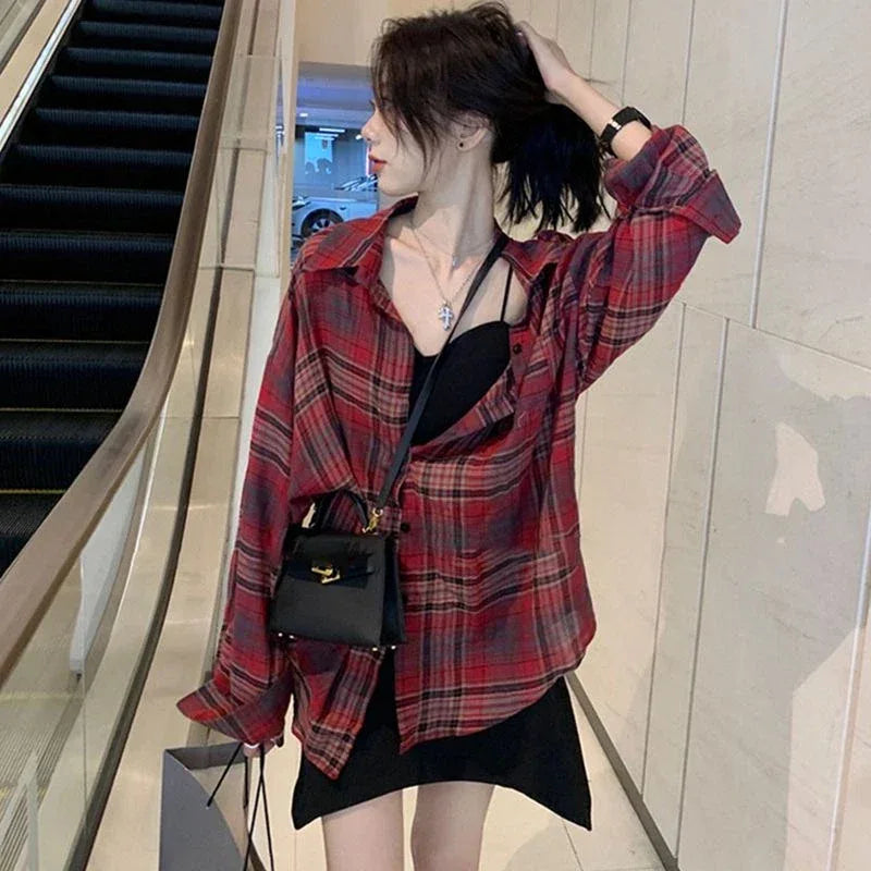 2024 Summer Autumn New Women's Shirt Thin Casual Street Style Shirt Outer Top Checkered Shirt Cardigan Coat for Women