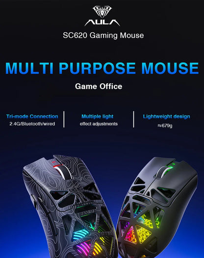 AULA SC620 Wireless Gaming Mouse, Lightweight Design, Multiple Lighting Effects, Customizable Fire Button, Optical Movement Dete