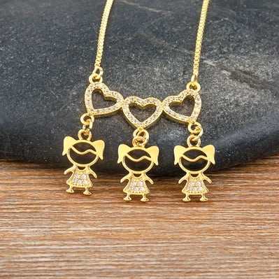 Nidin Exquisite Gold Plated Mom Daughter Necklace Girl Boy Pendant Chain Choker Cubic Zirconia Jewelry Mother's Day Gift