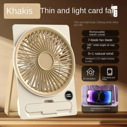 Ultra-thin Desktop Fan Digital Display USB Charging Strong Wind Portable Silent Card Style Fan Dormitory Office Summer Small Fan