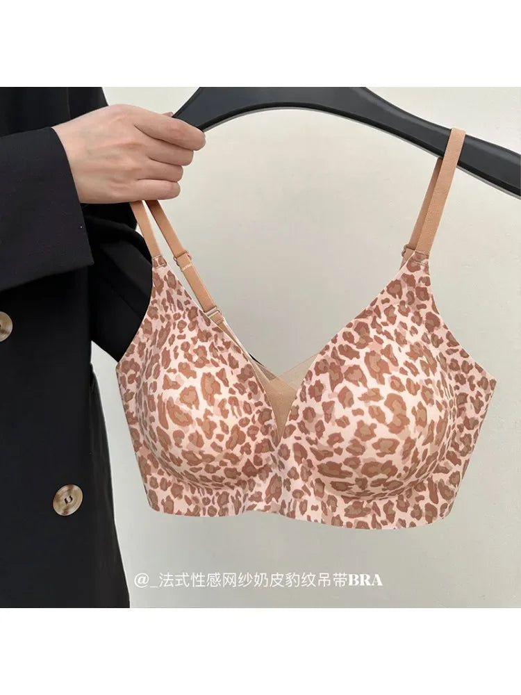 YUQI Leopard Print Bra - Ultra Thin No Underwire, Anti-Sag Bralette, Big/Small Chest Lightweight Gather, Breathable Smooth