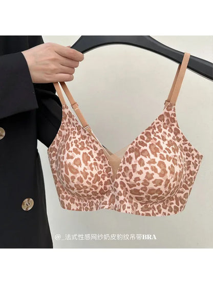 YUQI Leopard Print Bra - Ultra Thin No Underwire, Anti-Sag Bralette, Big/Small Chest Lightweight Gather, Breathable Smooth