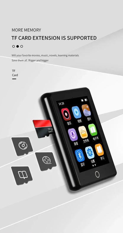 Metal Full Screen 3.0-inch MP3 Music Player Bluetooth 5.0 External Play Mini Portable Walkman/FM/eBook/Recorder MP4 Touch Screen