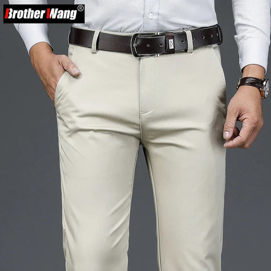 Autumn Classic Style Men's Beige Business Straight Casual Pants Stretch Cotton High Waist Solid Brand Trousers Khaki Green Black