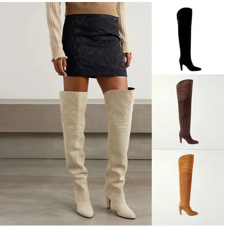 Autumn and Winter Women's Thick High-heeled Knee High Boots, Round Headed Cowhide Suede Fashionable Women's Plus Size Boots