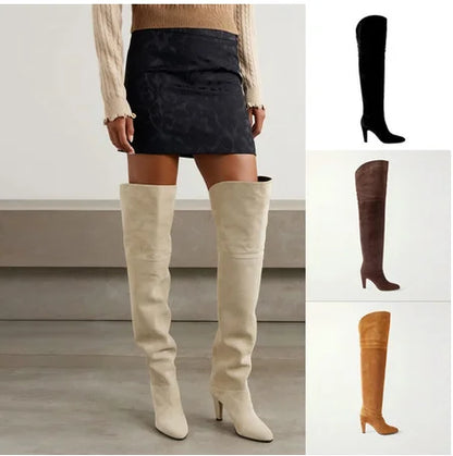 Autumn and Winter Women's Thick High-heeled Knee High Boots, Round Headed Cowhide Suede Fashionable Women's Plus Size Boots