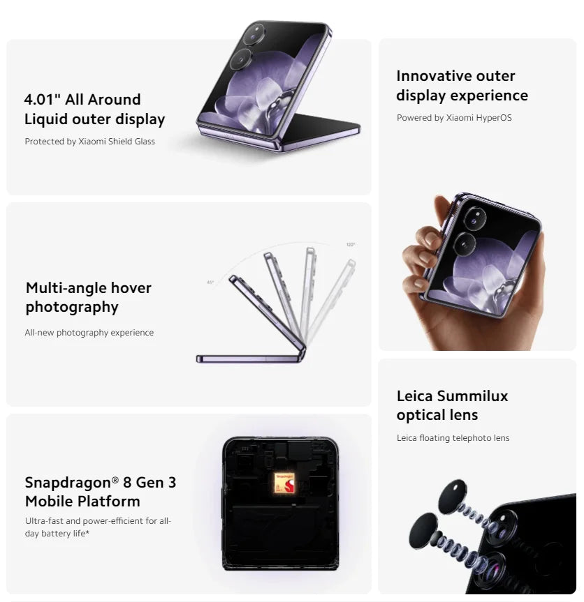 Global Version Xiaomi MIX Flip 67WHyperCharger 6.86" 12GB 512GB Leica 50MP Camera 120Hz Display Snapdragon 8 Gen 3 Smartphone