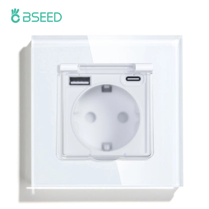 BSEED Single EU Wall Socket USB Type-c Ports Double Waterproof Cover Bathroom Power Sockets Triple Glass Electric Outlets 16A