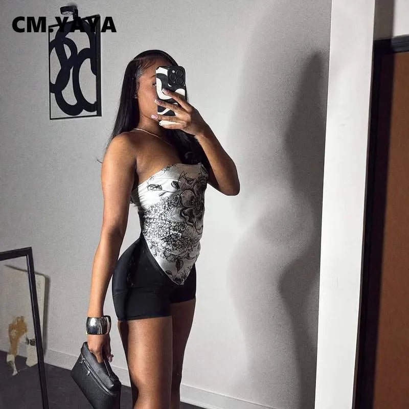 CM.YAYA Fashion Fitness Women's Set Sleeveless Print Strapless Top + Shorts 2025 Summer Active Two 2 Piece Sets Outfit Tracksuit