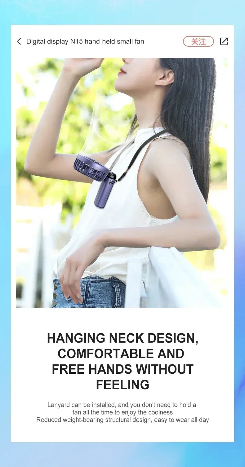 Portable Handheld Mini Fan 3000mAh Foldable Neck Hanging Fans 5 Speed Adjust USB Charge Fan with Phone Stand and Display Screen