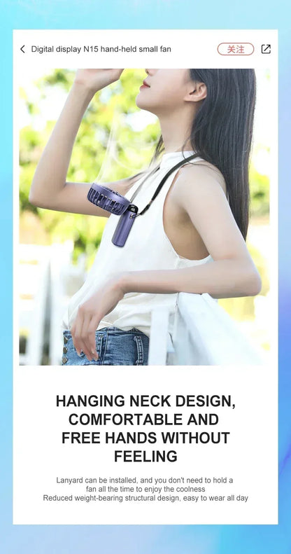 Portable Handheld Mini Fan 3000mAh Foldable Neck Hanging Fans 5 Speed Adjust USB Charge Fan with Phone Stand and Display Screen